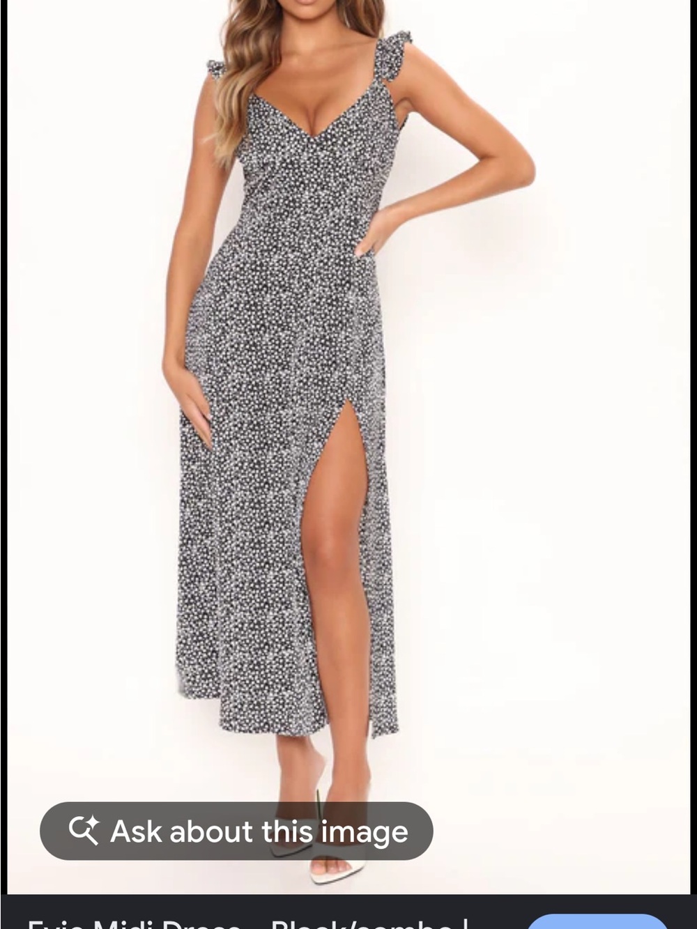 HYFVE Black and White Floral V-Neck Midi Dress with Side Slit